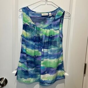 Chicos Tank Top Size 1 Watercolor Print Sleeveless Scoop Neck Blue‎ Green Purple